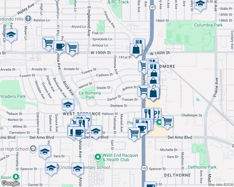 map of restaurants, bars, coffee shops, grocery stores, and more near 4636 Talisman Street in Torrance