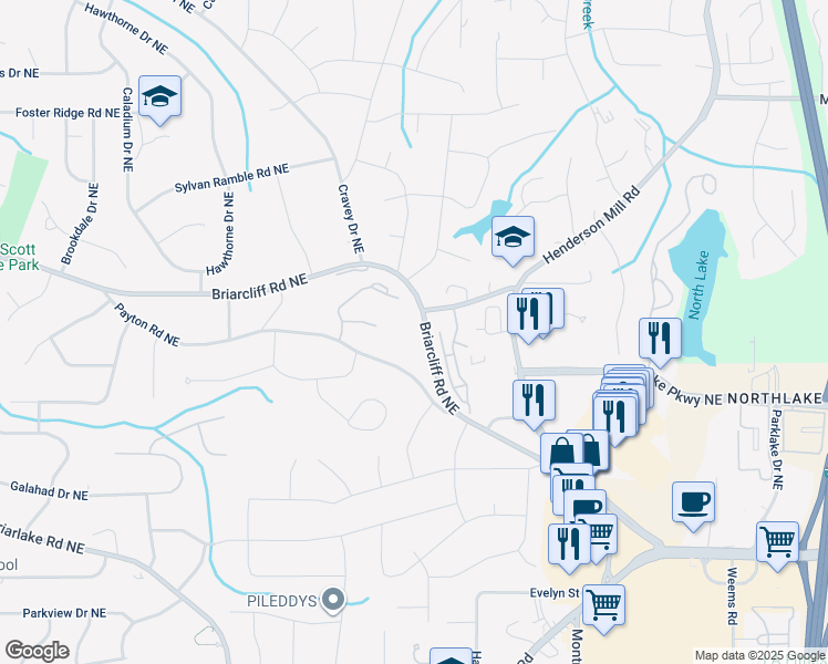 map of restaurants, bars, coffee shops, grocery stores, and more near 2358 Briarcliff Cove Northeast in Atlanta