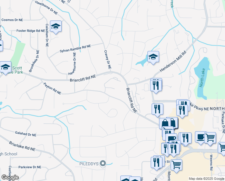 map of restaurants, bars, coffee shops, grocery stores, and more near 4503 Payton Oaks Place in Atlanta