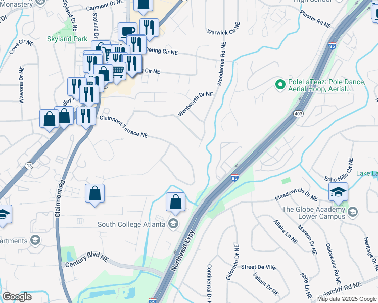 map of restaurants, bars, coffee shops, grocery stores, and more near 2080 Clairmont Terrace Northeast in Atlanta