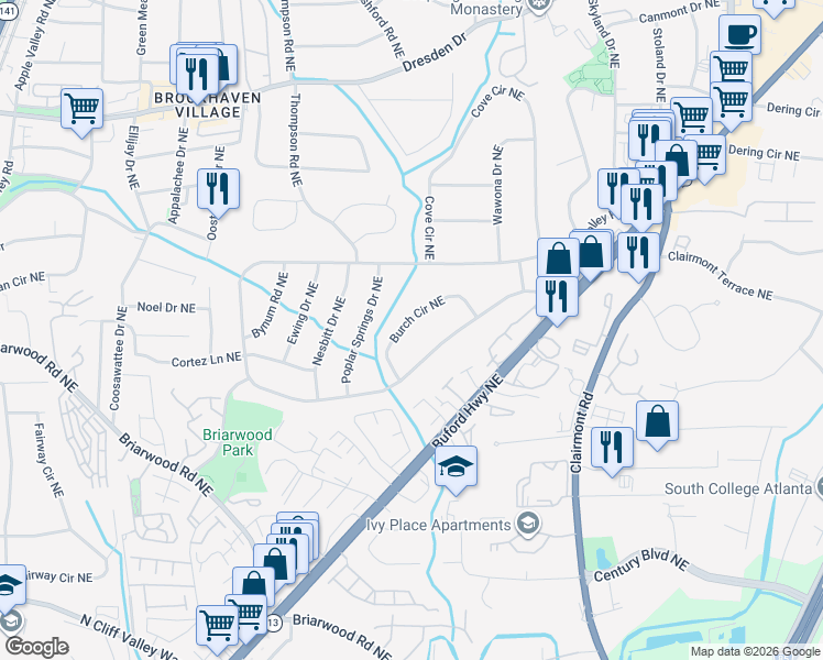 map of restaurants, bars, coffee shops, grocery stores, and more near 2329 Burch Circle Northeast in Atlanta