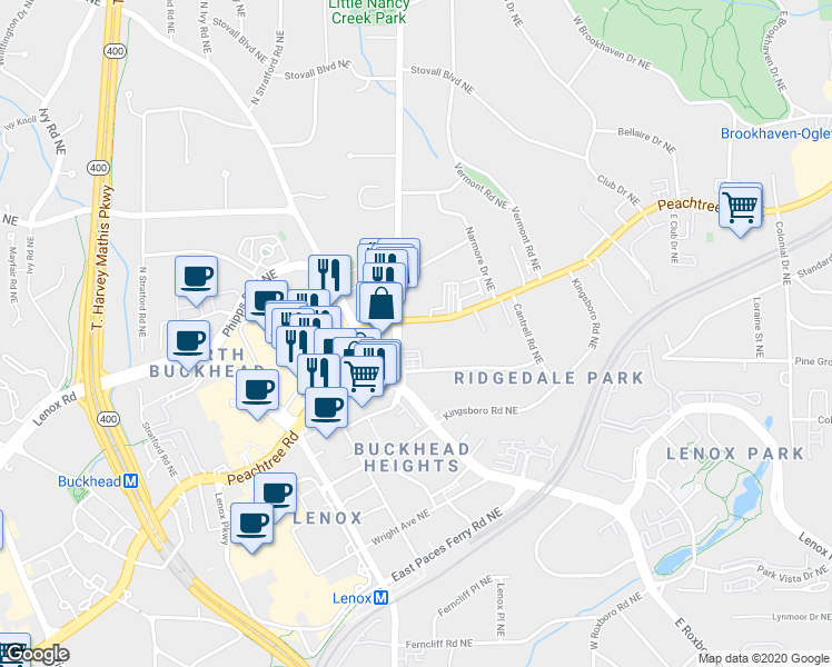 map of restaurants, bars, coffee shops, grocery stores, and more near 3649 Peachtree Road Northeast in Atlanta