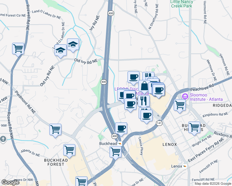map of restaurants, bars, coffee shops, grocery stores, and more near 3415 Alexander Circle Northeast in Atlanta