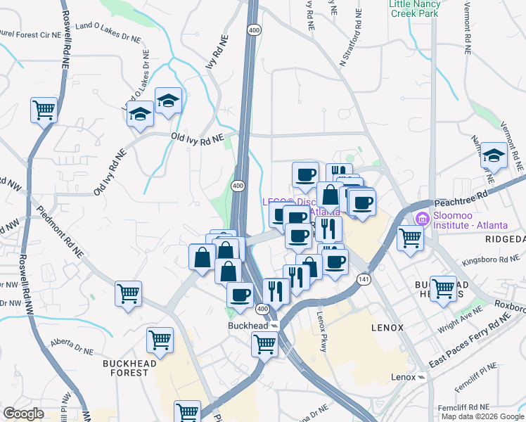 map of restaurants, bars, coffee shops, grocery stores, and more near 3612 North Stratford Road Northeast in Atlanta
