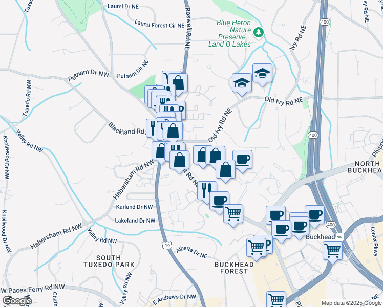 map of restaurants, bars, coffee shops, grocery stores, and more near 105 Old Ivy Road Northeast in Atlanta