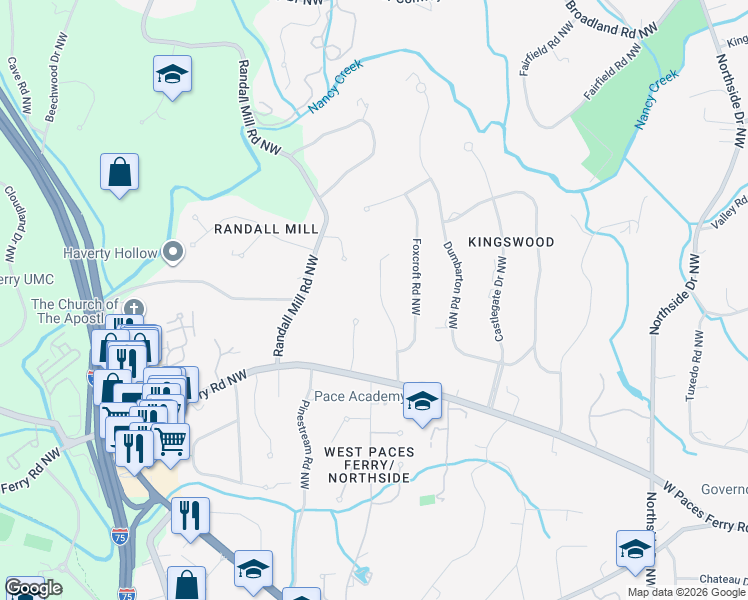 map of restaurants, bars, coffee shops, grocery stores, and more near 3597 Rembrandt Road Northwest in Atlanta
