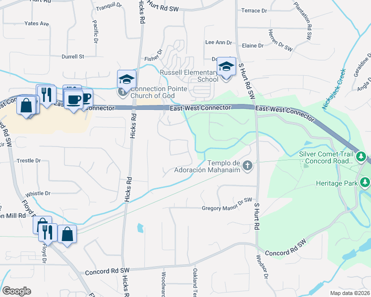 map of restaurants, bars, coffee shops, grocery stores, and more near 4169 Barnes Meadow Road Southwest in Smyrna