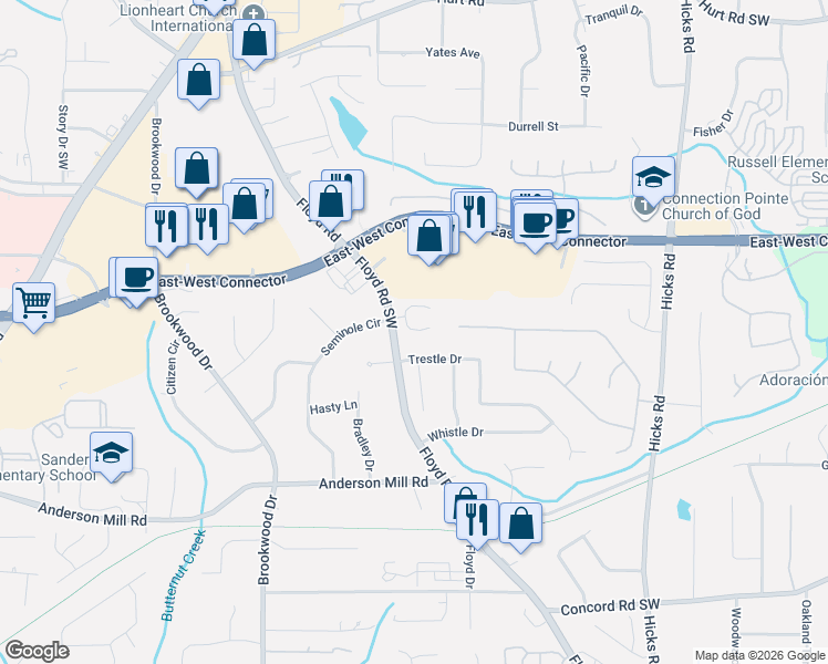map of restaurants, bars, coffee shops, grocery stores, and more near 409 Elsdon Drive in Austell