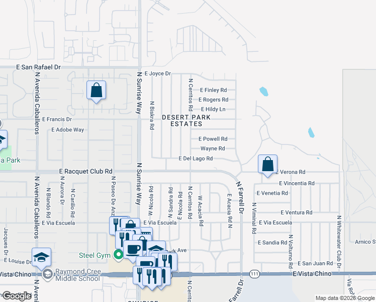 map of restaurants, bars, coffee shops, grocery stores, and more near 2627 North Cerritos Road in Palm Springs