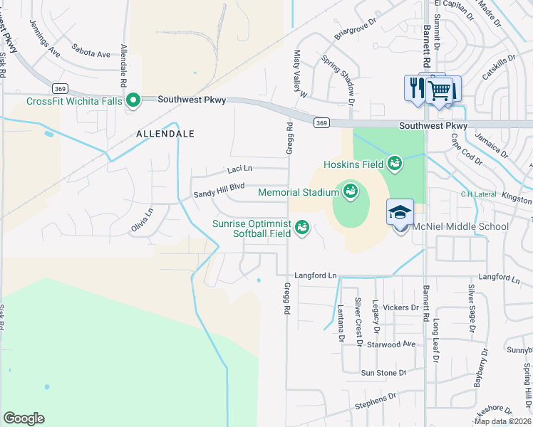 map of restaurants, bars, coffee shops, grocery stores, and more near 6010 Van Dorn Dr in Wichita Falls