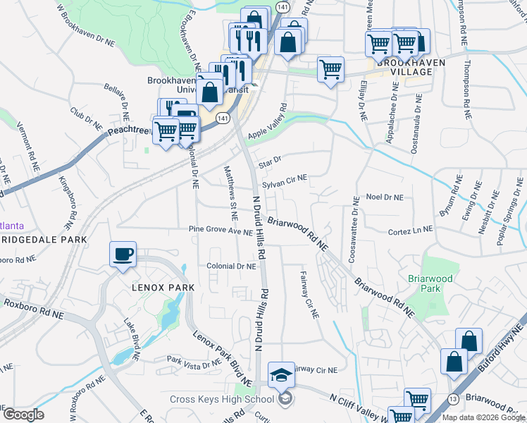 map of restaurants, bars, coffee shops, grocery stores, and more near in Brookhaven