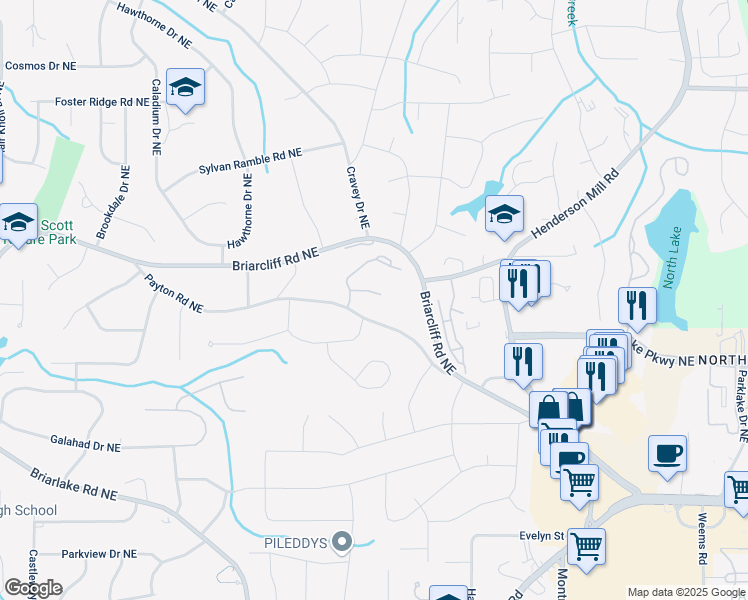 map of restaurants, bars, coffee shops, grocery stores, and more near 4503 Payton Oaks Place in Atlanta