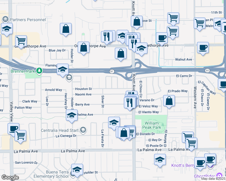 map of restaurants, bars, coffee shops, grocery stores, and more near 6876 Houston Street in Buena Park