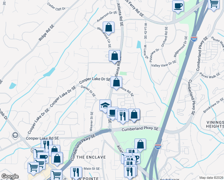 map of restaurants, bars, coffee shops, grocery stores, and more near 4100 Atlanta Road Southeast in Smyrna