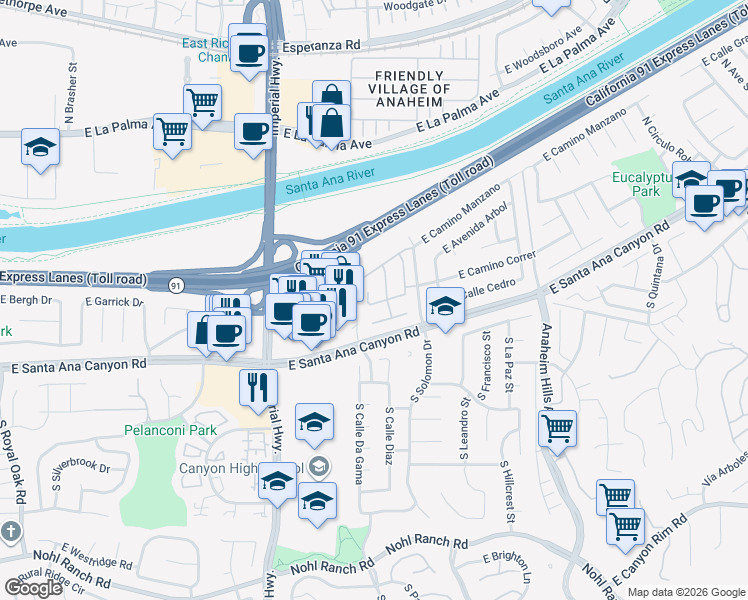 map of restaurants, bars, coffee shops, grocery stores, and more near 135 North Rose Blossom Lane in Anaheim