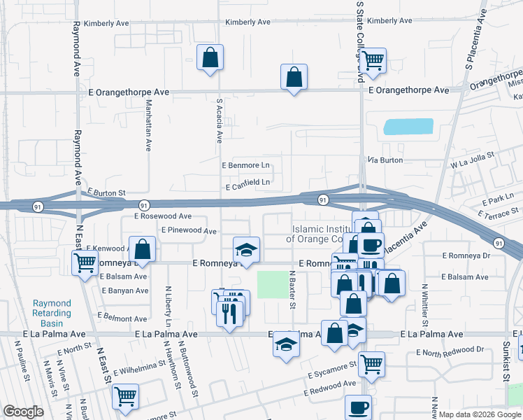 map of restaurants, bars, coffee shops, grocery stores, and more near 1601 East Crestlane Avenue in Anaheim