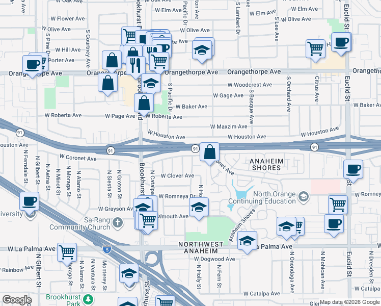 map of restaurants, bars, coffee shops, grocery stores, and more near 2075 West Coronet Avenue in Anaheim