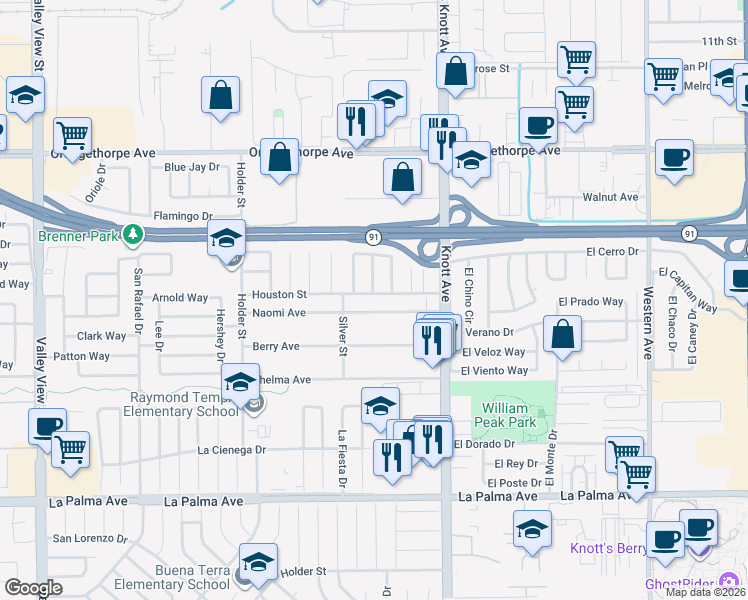 map of restaurants, bars, coffee shops, grocery stores, and more near 6876 Houston Street in Buena Park