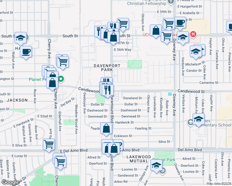 map of restaurants, bars, coffee shops, grocery stores, and more near in Lakewood