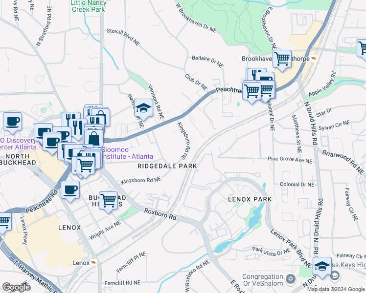 map of restaurants, bars, coffee shops, grocery stores, and more near 3626 Kingsboro Road Northeast in Atlanta