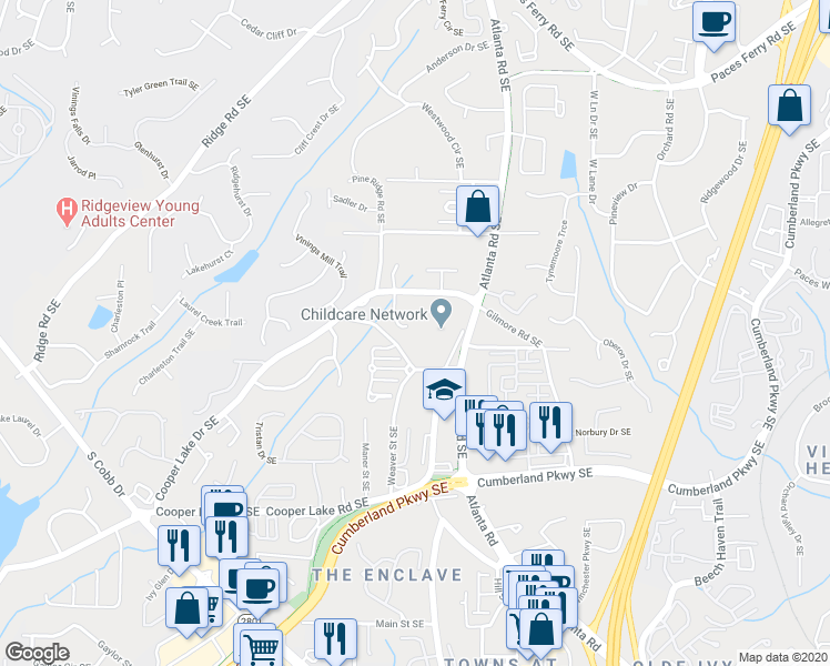 map of restaurants, bars, coffee shops, grocery stores, and more near 4069 Coopers Hill Drive Southeast in Smyrna