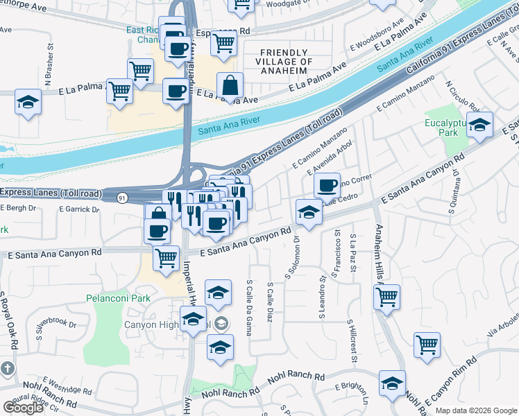 map of restaurants, bars, coffee shops, grocery stores, and more near 135 North Rose Blossom Lane in Anaheim