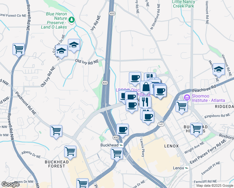 map of restaurants, bars, coffee shops, grocery stores, and more near 3612 North Stratford Road Northeast in Atlanta