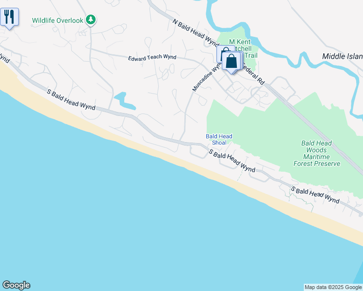map of restaurants, bars, coffee shops, grocery stores, and more near 2 Silversides Trail in Bald Head Island