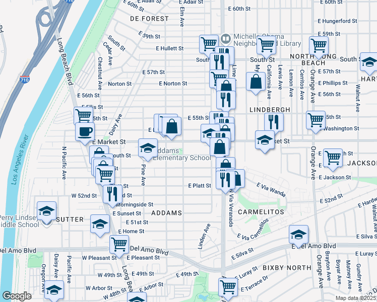map of restaurants, bars, coffee shops, grocery stores, and more near 419 East Plymouth Street in Long Beach
