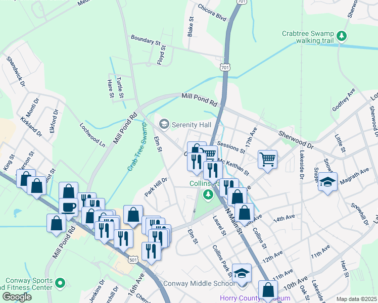 map of restaurants, bars, coffee shops, grocery stores, and more near 2004 Oak Street in Conway