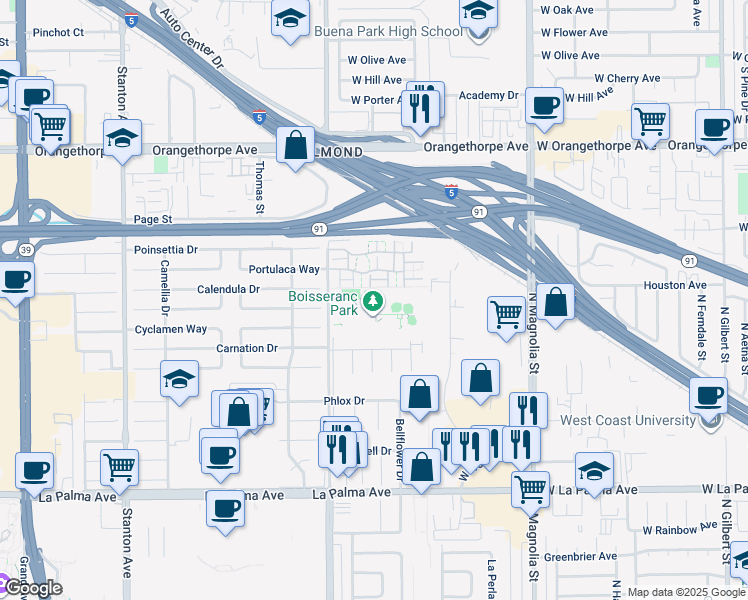 map of restaurants, bars, coffee shops, grocery stores, and more near 7520 Dale Street in Buena Park