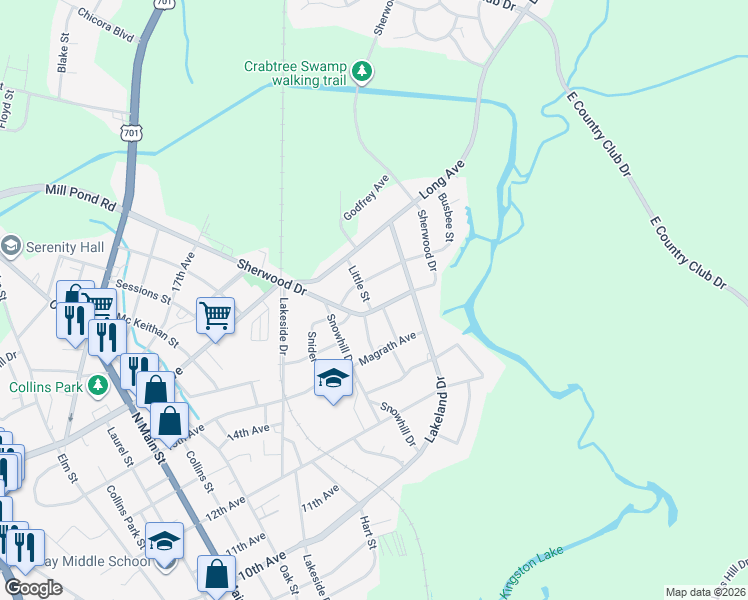 map of restaurants, bars, coffee shops, grocery stores, and more near 208 Sherwood Drive in Conway