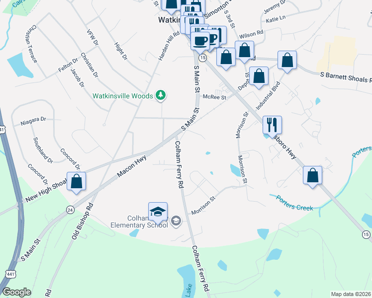 map of restaurants, bars, coffee shops, grocery stores, and more near 110 Colham Ferry Road in Watkinsville