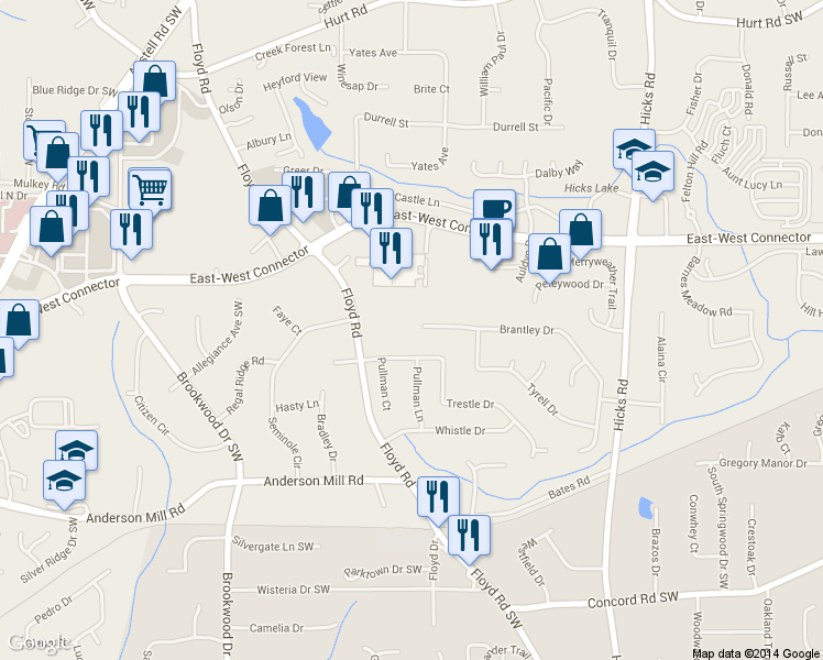 map of restaurants, bars, coffee shops, grocery stores, and more near 3915 Brantley Drive in Austell