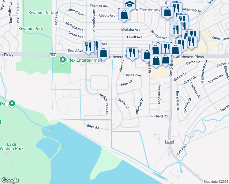 map of restaurants, bars, coffee shops, grocery stores, and more near 4804 Rhea Road in Wichita Falls