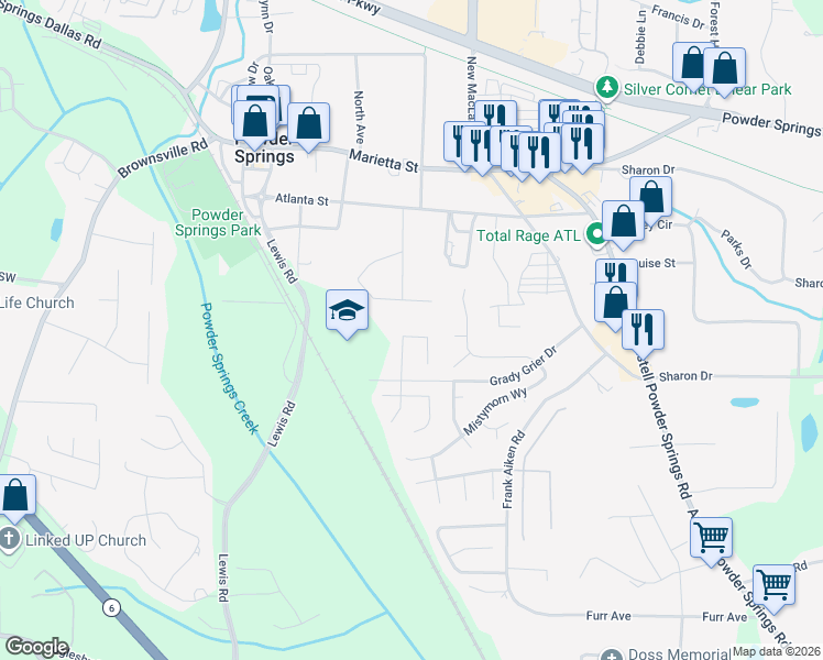map of restaurants, bars, coffee shops, grocery stores, and more near 4182 New Towne Drive in Powder Springs