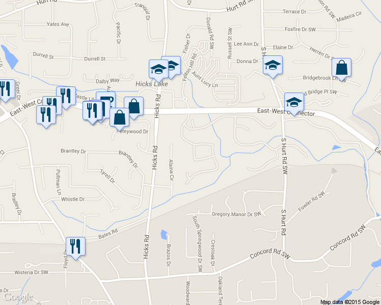 map of restaurants, bars, coffee shops, grocery stores, and more near 733 Longshadow Trail Southwest in Smyrna