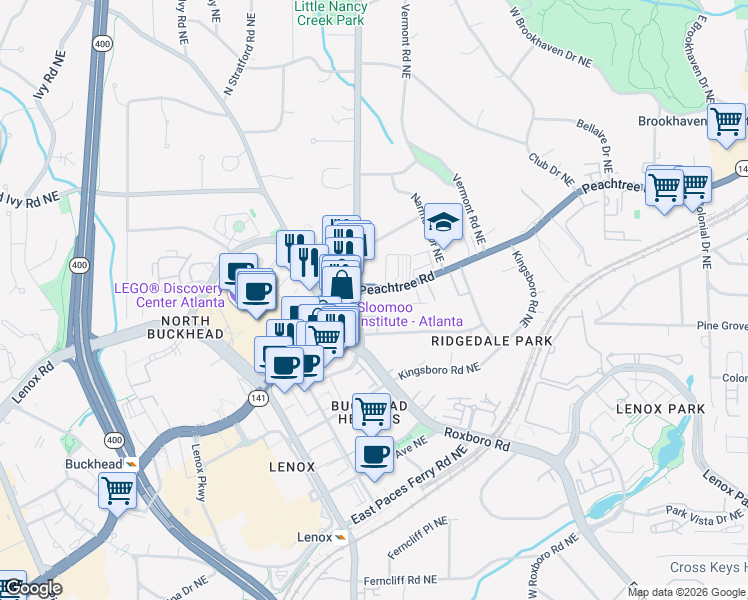 map of restaurants, bars, coffee shops, grocery stores, and more near 3645 Peachtree Road in Atlanta