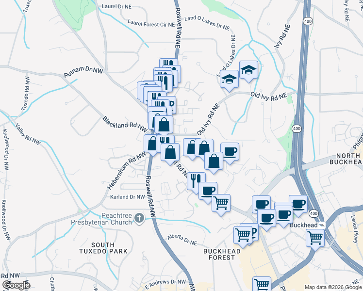 map of restaurants, bars, coffee shops, grocery stores, and more near 105 Old Ivy Road Northeast in Atlanta
