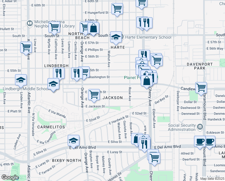 map of restaurants, bars, coffee shops, grocery stores, and more near 1615 East Plymouth Street in Long Beach