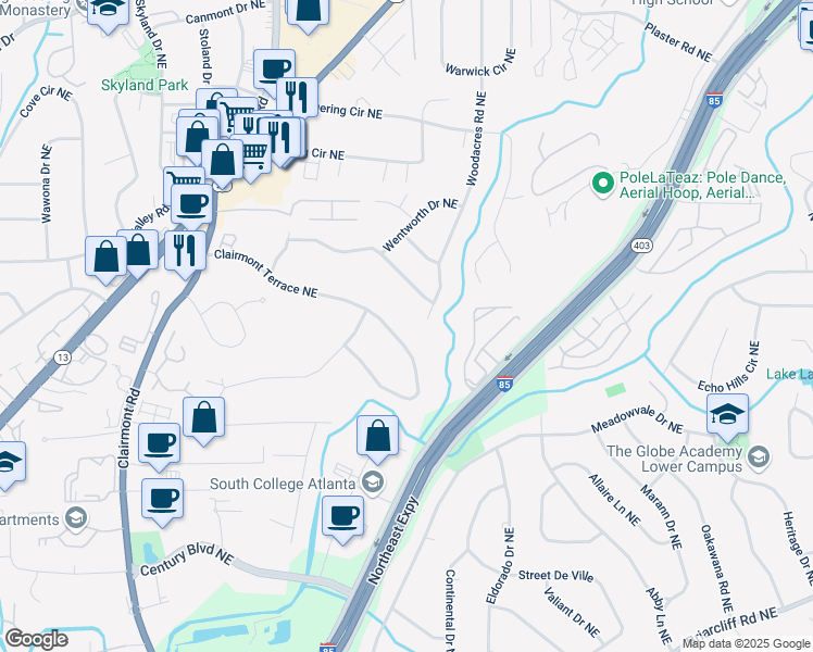 map of restaurants, bars, coffee shops, grocery stores, and more near 2080 Clairmont Terrace Northeast in Atlanta
