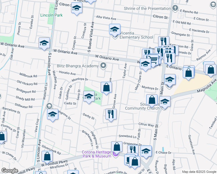 map of restaurants, bars, coffee shops, grocery stores, and more near 2398 Cota Avenue in Corona