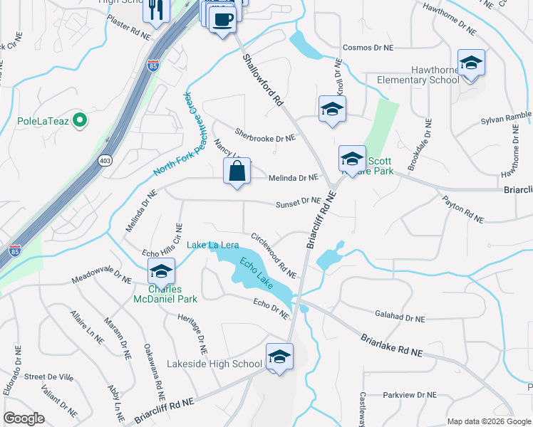 map of restaurants, bars, coffee shops, grocery stores, and more near 2539 Sunset Drive Northeast in Atlanta