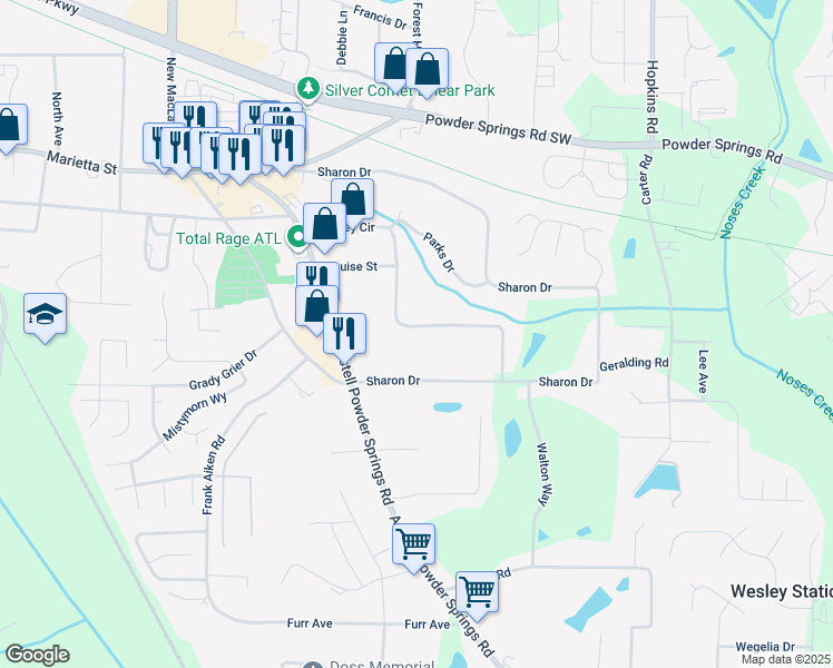 map of restaurants, bars, coffee shops, grocery stores, and more near 3761 Lindley Circle in Powder Springs