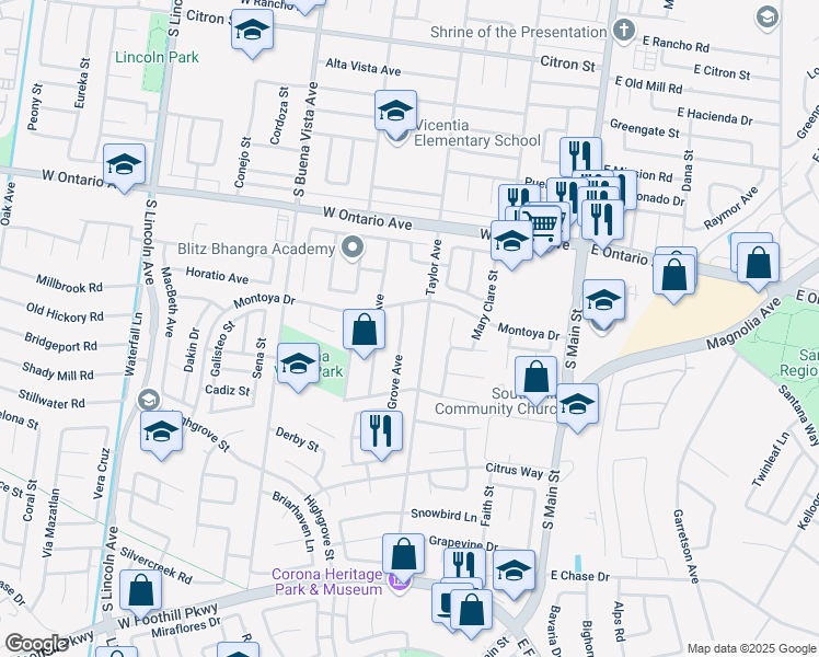 map of restaurants, bars, coffee shops, grocery stores, and more near 2405 Grove Avenue in Corona