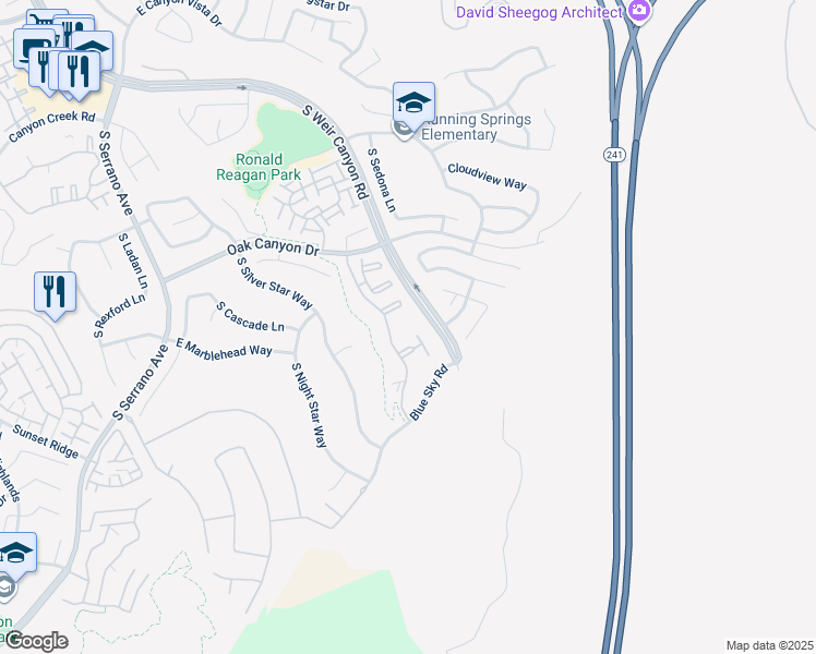 map of restaurants, bars, coffee shops, grocery stores, and more near 1218 South Country Glen Way in Anaheim