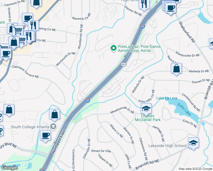 map of restaurants, bars, coffee shops, grocery stores, and more near 2515 I - 85 Frontage Road in Atlanta