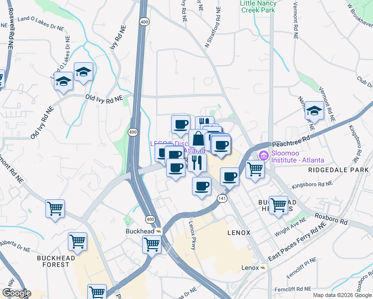 map of restaurants, bars, coffee shops, grocery stores, and more near 600 Phipps Boulevard Northeast in Atlanta