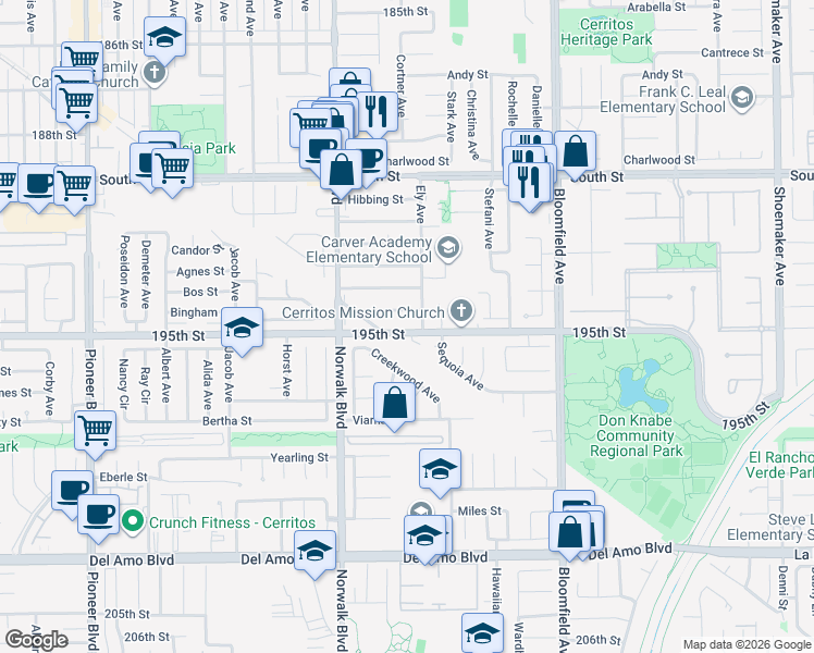 map of restaurants, bars, coffee shops, grocery stores, and more near 12327 195th Street in Artesia