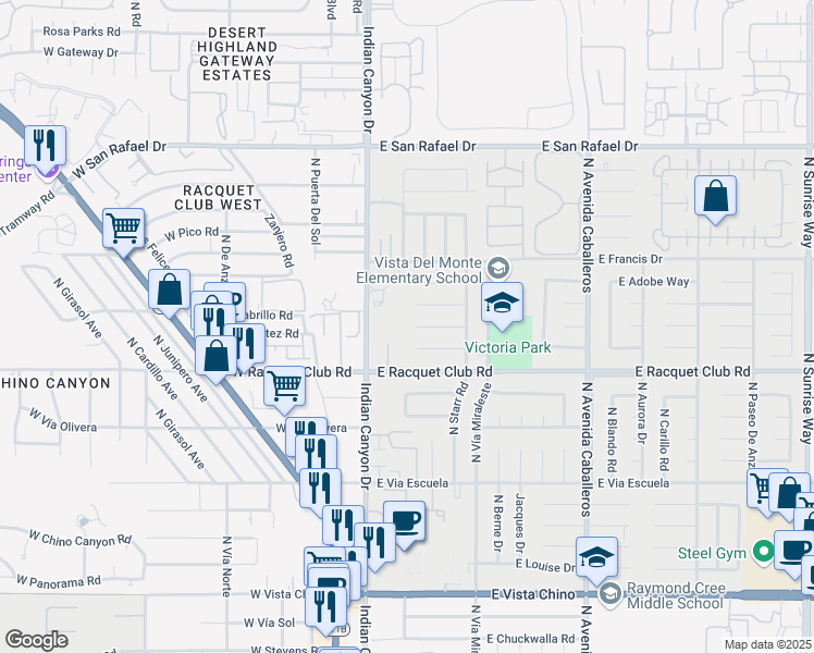 map of restaurants, bars, coffee shops, grocery stores, and more near 307 East Desert Willow Circle in Palm Springs